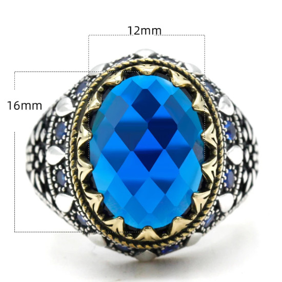 Anillo de plata de ley S925 para hombre, joyería hecha a mano de circonita azul, estilo Punk, regalo de San Valentín, regalo de aniversario - malaquita tienda 36