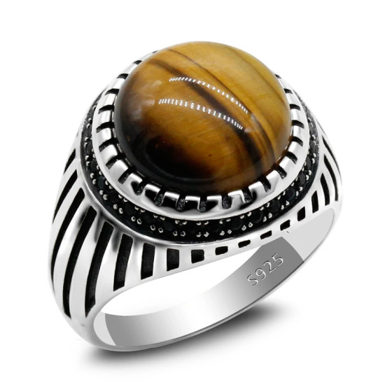 Anillo de plata s925 para hombre, Ojo de Tigre natural, anillo vintage hecho a mano, turco, punk rock, regalo de joyería - malaquita tienda 36