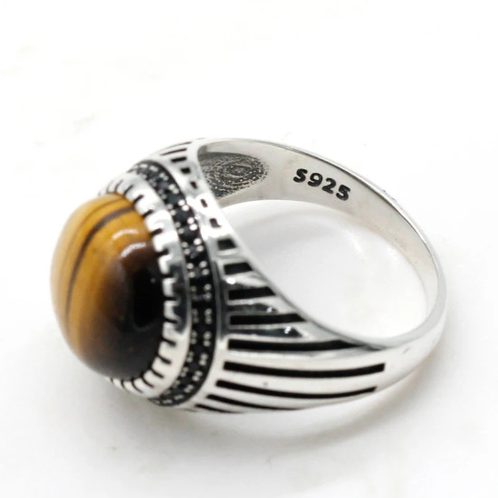 Anillo de plata s925 para hombre, Ojo de Tigre natural, anillo vintage hecho a mano, turco, punk rock, regalo de joyería - malaquita tienda 36