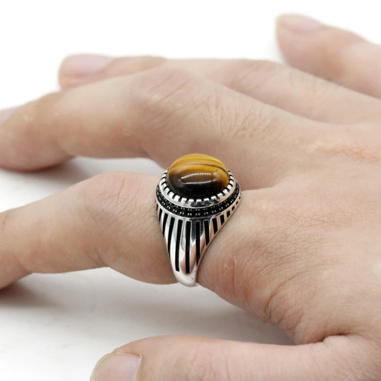 Anillo de plata s925 para hombre, Ojo de Tigre natural, anillo vintage hecho a mano, turco, punk rock, regalo de joyería - malaquita tienda 36
