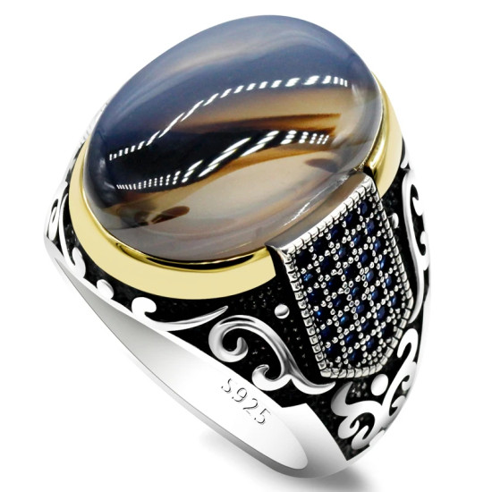 Anillo de plata de ley s925 a la moda, regalo de fiesta de Festival de ágata Natural Vintage Türkiye para hombre, regalo del Día del Padre - malaquita tienda 36