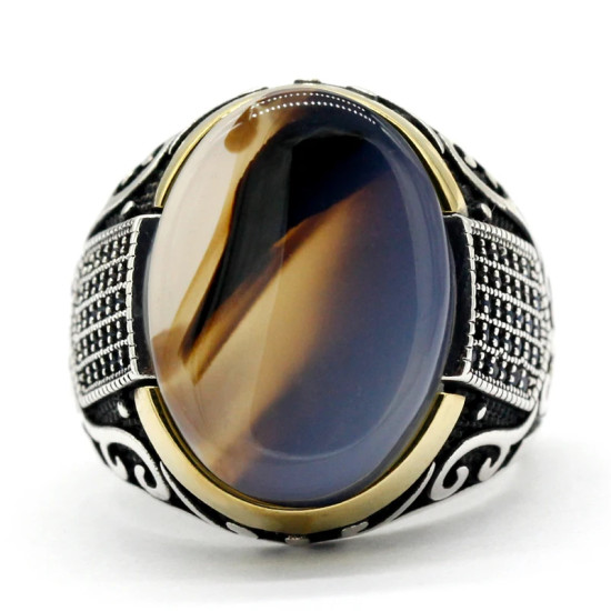 Anillo de plata de ley s925 a la moda, regalo de fiesta de Festival de ágata Natural Vintage Türkiye para hombre, regalo del Día del Padre - malaquita tienda 36