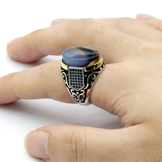 Anillo de plata de ley s925 a la moda, regalo de fiesta de Festival de ágata Natural Vintage Türkiye para hombre, regalo del Día del Padre - malaquita tienda 36