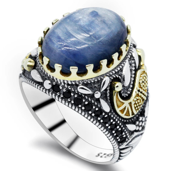 Anillo de Plata de Ley 925 para hombre, joyería turca, anillo de cianita, espinela negra transparente, joyería alta - malaquita tienda 36