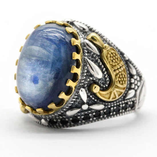 Anillo de Plata de Ley 925 para hombre, joyería turca, anillo de cianita, espinela negra transparente, joyería alta - malaquita tienda 36