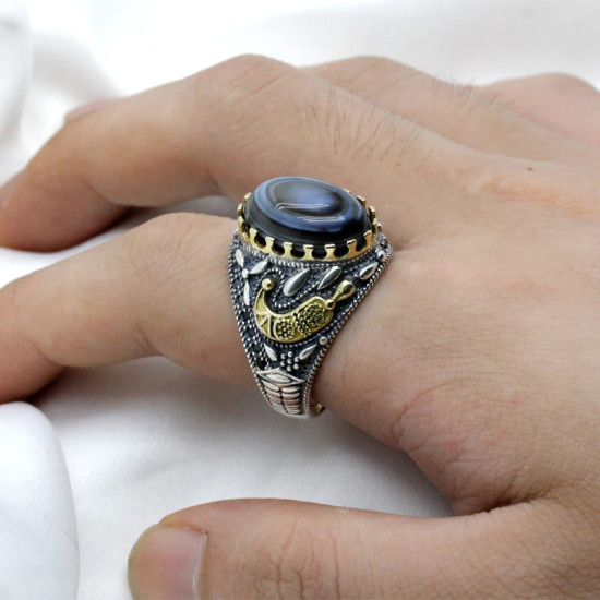 Anillo de Plata de Ley 925 para hombre, joyería turca, ojos, piedra de ágata, espinela negra transparente, joyería alta, gran oferta - malaquita tienda 36