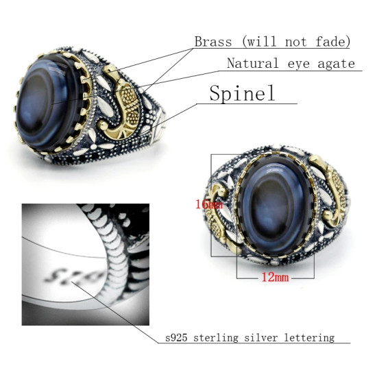 Anillo de Plata de Ley 925 para hombre, joyería turca, ojos, piedra de ágata, espinela negra transparente, joyería alta, gran oferta - malaquita tienda 36