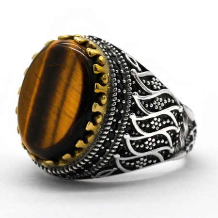 Anillo de Plata de Ley 925 para hombre y mujer, sortija de ojo de tigre Natural, conjunto de joyería Premium para pareja