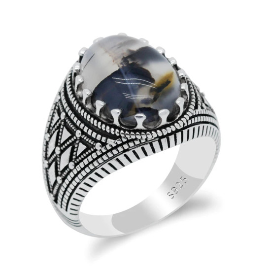 Anillo Vintage de Plata de Ley 925 para hombre, con piedra de ágata Natural ovalada, diseño de rayas a cuadros, anillos turcos, joyería para regalo al marido - malaquita tienda 36