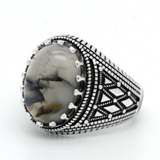 Anillo Vintage de Plata de Ley 925 para hombre, con piedra de ágata Natural ovalada, diseño de rayas a cuadros, anillos turcos, joyería para regalo al marido - malaquita tienda 36