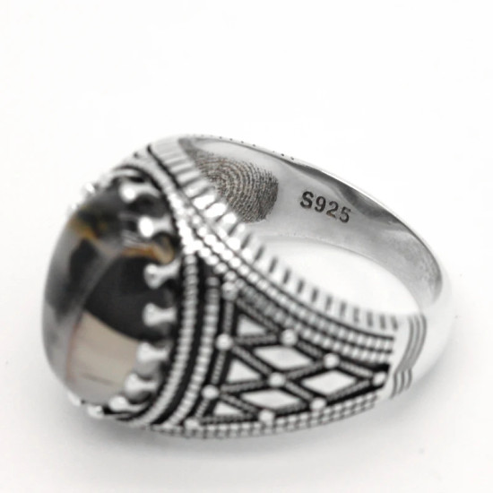 Anillo Vintage de Plata de Ley 925 para hombre, con piedra de ágata Natural ovalada, diseño de rayas a cuadros, anillos turcos, joyería para regalo al marido - malaquita tienda 36