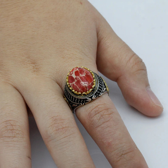Anillo Vintage para hombre y mujer, de Plata de Ley 925 con diseño de piedra Imperial roja Natural ovalada, conjunto de joyería, anillo de pareja - malaquita tienda 36
