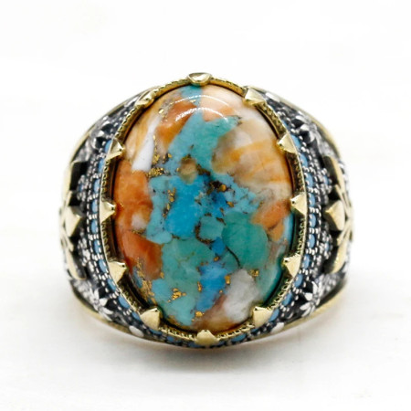 Anillo de Plata de Ley 925 para hombre y mujer, conjunto de joyería de plata tailandesa con ostra Natural, turquesa, Estilo Vintage, novedad