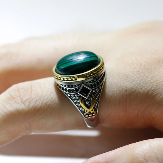Anillo de Plata de Ley 925 para hombre y mujer, sortija de piedra ovalada de malaquita verde Natural, anillo de sello clásico Simple, joyería para pareja, regalo - malaquita tienda 36
