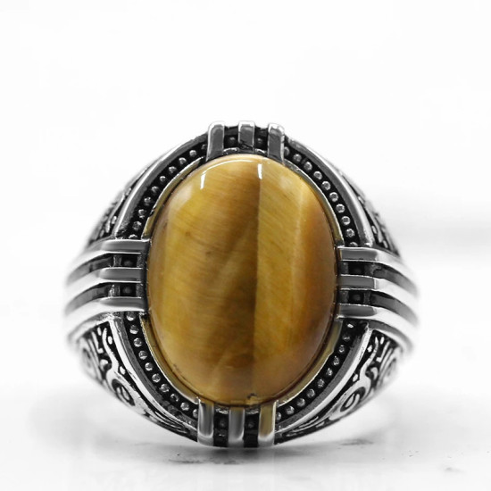 Anillo de Plata de Ley 925 para hombre y mujer, sortija clásica Vintage con piedra de ojo de tigre Natural, joyería Punk, envío gratis - malaquita tienda 36