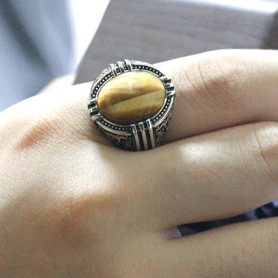 Anillo de Plata de Ley 925 para hombre y mujer, sortija clásica Vintage con piedra de ojo de tigre Natural, joyería Punk, envío gratis - malaquita tienda 36