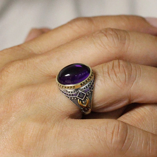Anillo de Plata de Ley 925 para hombre y mujer, joyería clásica de amatista Natural Vintage, Punk, envío gratis - malaquita tienda 36