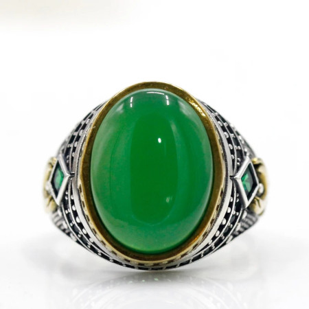 Anillo de plata 925 auténtica para hombre, verde natural piedra de ágata, resina, retro, hecho a mano, regalo de trabajador