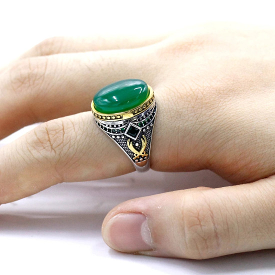 Anillo de plata 925 auténtica para hombre, verde natural piedra de ágata, resina, retro, hecho a mano, regalo de trabajador - malaquita tienda 36