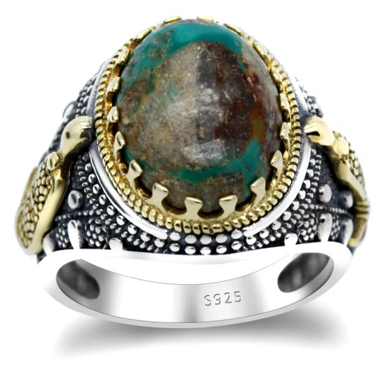 Anillo turquesa Vintage de plata s925 para hombre, anillo hecho a mano, gema de Türkiye, joyería Punk para fiesta y vacaciones, anillo para hombre - malaquita tienda 36