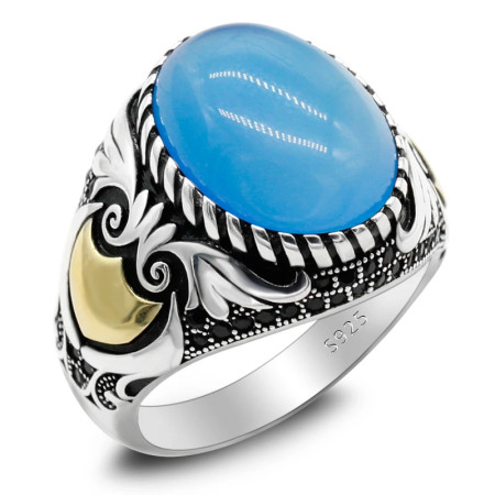 Anillo de plata de ley S925 estilo Türkiye para hombre, piedra de ágata azul Natural, joyería Punk Vintage, regalo de aniversario de lujo para mujer Anillo de plata de ley S925 estilo Türkiye para hombre, piedra de ágata azul Natural, joyería Punk Vintage, regalo de aniversario de lujo para mujer