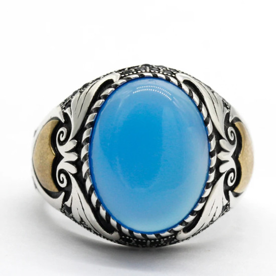 Anillo de plata de ley S925 estilo Türkiye para hombre, piedra de ágata azul Natural, joyería Punk Vintage, regalo de aniversario de lujo para mujer - malaquita tienda 36
