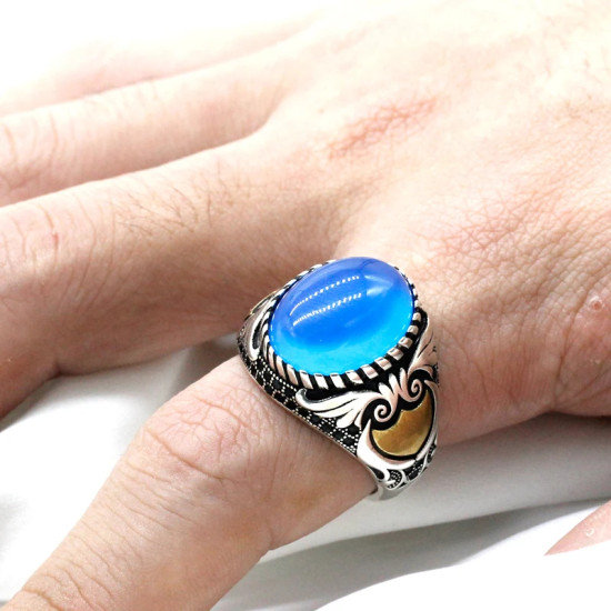 Anillo de plata de ley S925 estilo Türkiye para hombre, piedra de ágata azul Natural, joyería Punk Vintage, regalo de aniversario de lujo para mujer - malaquita tienda 36