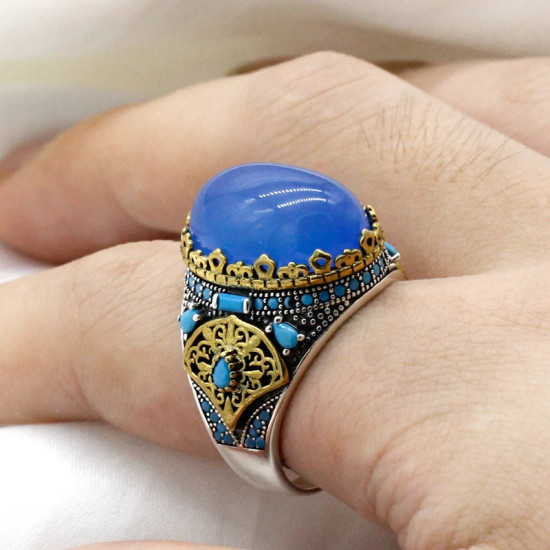 Anillo de plata de ley Türkiye S925 con piedra de ágata Natural para hombre, joyería Punk Vintage hecha a mano, regalo de Festival - malaquita tienda 36