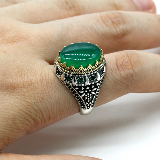 Anillo de plata s925 de ágata verde Natural para hombre, anillo de piedra Natural ovalada tallada Retro pura, conjunto de joyería para hombre, anillo de pareja para mujer - malaquita tienda 36