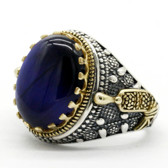Anillo de plata hecho a mano S925 para hombre, joyería de piedra de ojo de tigre azul retro, joyería para fiesta y vacaciones, anillo para pareja - malaquita tienda 36