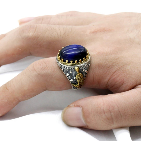 Anillo de plata hecho a mano S925 para hombre, joyería de piedra de ojo de tigre azul retro, joyería para fiesta y vacaciones, anillo para pareja - malaquita tienda 36