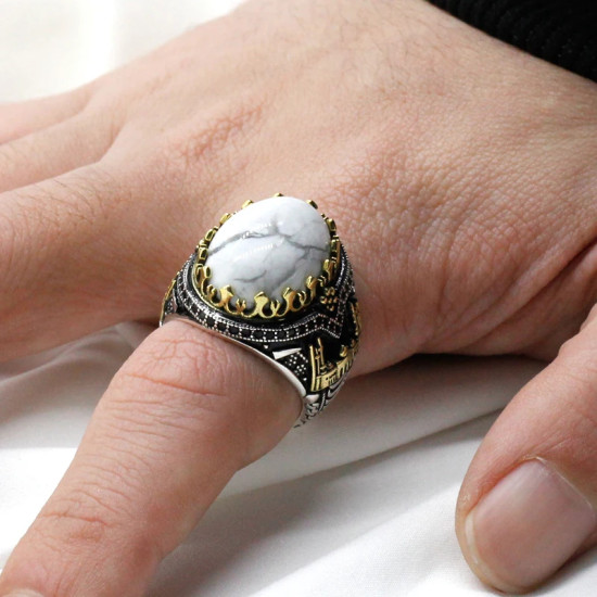 Anillos de plata de ley 925 con turquesa blanca Natural para hombre, moda Punk turca, anillos de boda de compromiso para hombre y mujer, joyería - malaquita tienda 36