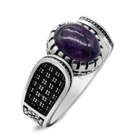 Anillo hecho a mano de plata de ley S925 para hombre, regalo de fiesta de vacaciones clásico Retro de cristal de dragón púrpura Natural de Türkiye Anillo hecho a mano de plata de ley S925 para hombre, regalo de fiesta de vacaciones clásico Retro de cristal de dragón púrpura Natural de Türkiye
