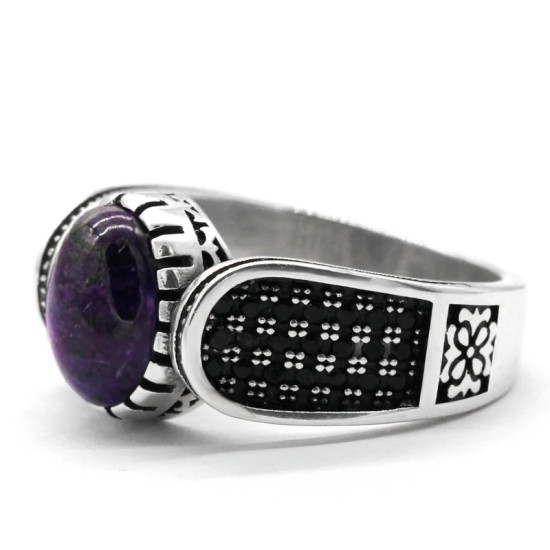 Anillo hecho a mano de plata de ley S925 para hombre, regalo de fiesta de vacaciones clásico Retro de cristal de dragón púrpura Natural de Türkiye - malaquita tienda 36