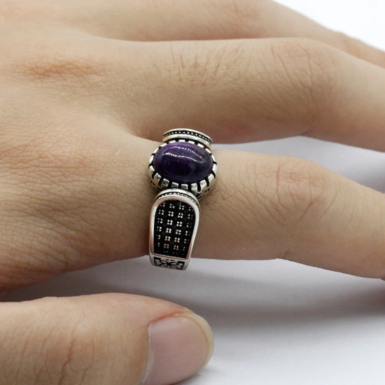Anillo hecho a mano de plata de ley S925 para hombre, regalo de fiesta de vacaciones clásico Retro de cristal de dragón púrpura Natural de Türkiye - malaquita tienda 36