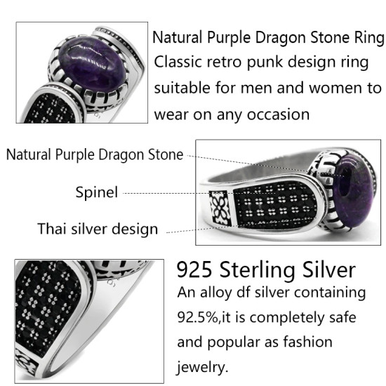 Anillo hecho a mano de plata de ley S925 para hombre, regalo de fiesta de vacaciones clásico Retro de cristal de dragón púrpura Natural de Türkiye - malaquita tienda 36