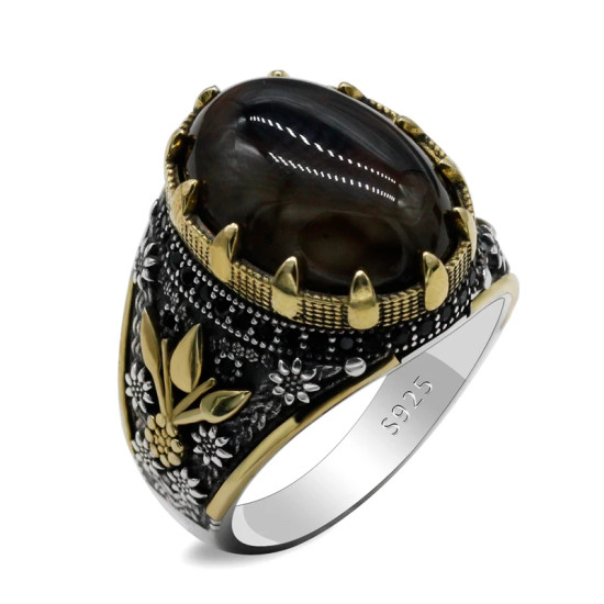Anillo de ágata Natural para hombre, Plata de Ley 925, piedra ovalada grande, anillo elegante Vintage para hombre, joyería Premium de plata Türkiye - malaquita tienda 36