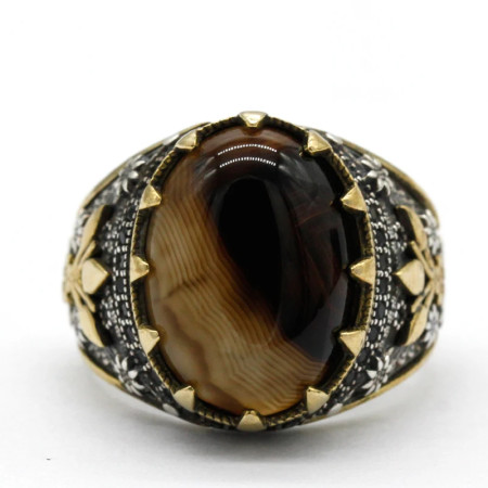 Anillo de ágata Natural para hombre, Plata de Ley 925, piedra ovalada grande, anillo elegante Vintage para hombre, joyería Premium de plata Türkiye