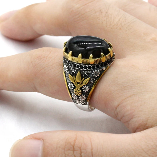 Anillo de ágata Natural para hombre, Plata de Ley 925, piedra ovalada grande, anillo elegante Vintage para hombre, joyería Premium de plata Türkiye - malaquita tienda 36
