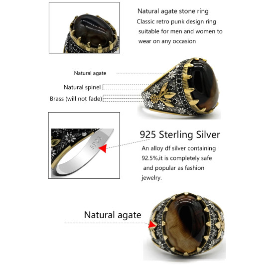 Anillo de ágata Natural para hombre, Plata de Ley 925, piedra ovalada grande, anillo elegante Vintage para hombre, joyería Premium de plata Türkiye - malaquita tienda 36