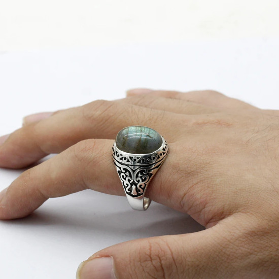Anillo de plata pura S925 con piedras preciosas naturales, anillo T ü rkiye para hombre, joyería retro hecha a mano, joyería para mujer, regalo de aniversario - malaquita tienda 36