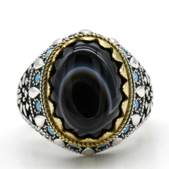 Joyería turca, anillo de Plata de Ley 925 con piedra de ónix de ojo Natural para hombre con piedra, anillos Vintage de estilo Punk turquesa para hombre y mujer - malaquita tienda 36