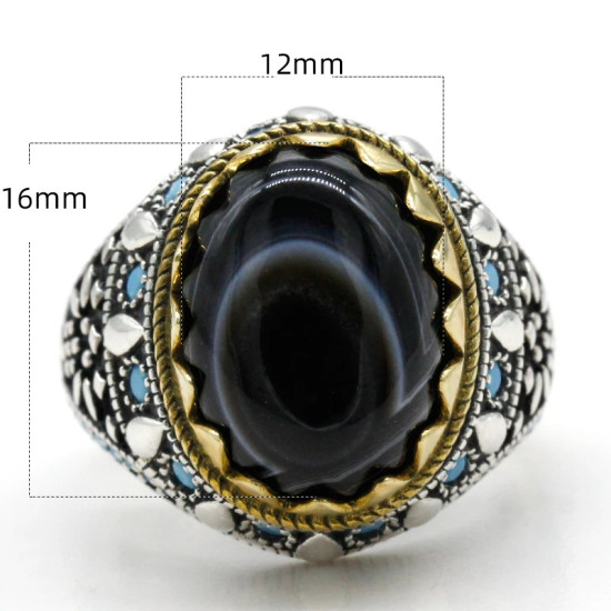 Joyería turca, anillo de Plata de Ley 925 con piedra de ónix de ojo Natural para hombre con piedra, anillos Vintage de estilo Punk turquesa para hombre y mujer - malaquita tienda 36