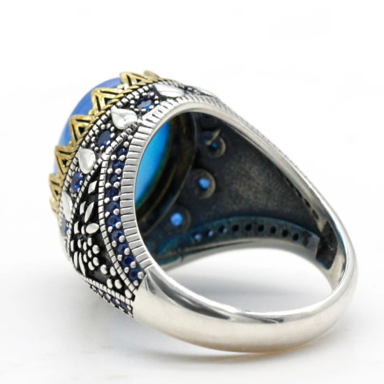 Joyería turca, piedra de ágata Natural para hombres, anillo de plata de ley s925, circonita Vintage, estilo Punk, anillos de joyería para hombres y mujeres - malaquita tienda 36