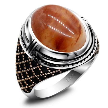 Anillo de joyería turca para hombre, piedra grande, piedra de cuarzo Natural roja, Plata de Ley 925, oro rosa, anillo de plata para hombre con piedra