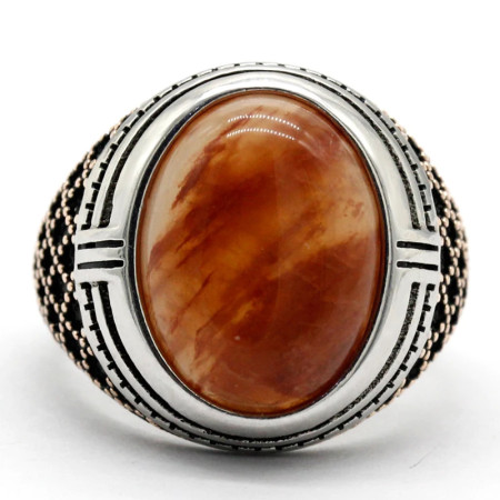 Anillo de joyería turca para hombre, piedra grande, piedra de cuarzo Natural roja, Plata de Ley 925, oro rosa, anillo de plata para hombre con piedra