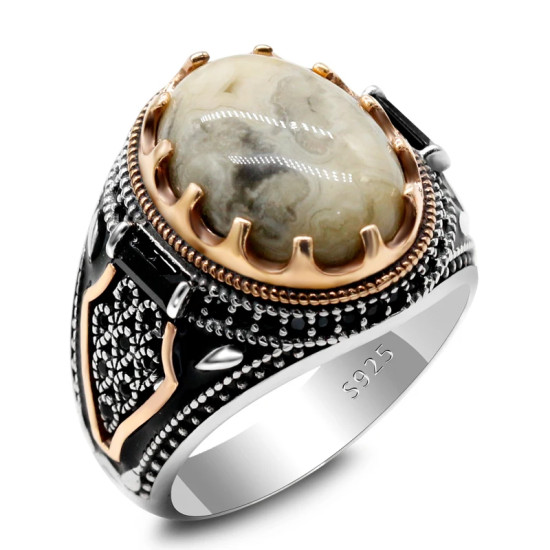 Anillo de Plata de Ley 925 con piedra de ágata loca Natural, joyería Retro turca Punk, anillo clásico de tendencia para hombre, anillo de fiesta, joyería de regalo - malaquita tienda 36