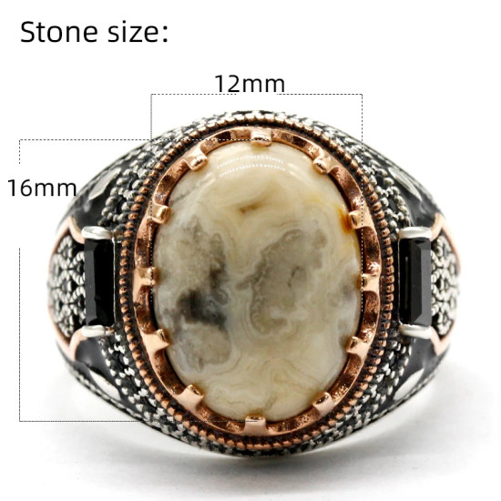 Anillo de Plata de Ley 925 con piedra de ágata loca Natural, joyería Retro turca Punk, anillo clásico de tendencia para hombre, anillo de fiesta, joyería de regalo - malaquita tienda 36