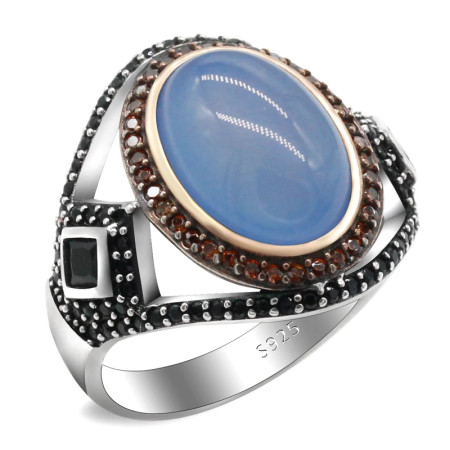 Anillo clásico hecho a mano de plata pura s925 a la moda con piedra de ágata azul natural para regalo de joyería de aniversario para hombres