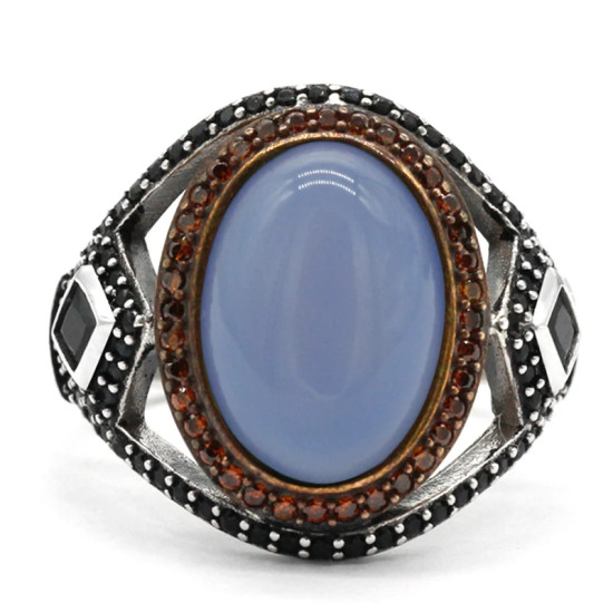 Anillo clásico hecho a mano de plata pura s925 a la moda con piedra de ágata azul natural para regalo de joyería de aniversario para hombres - malaquita tienda 36